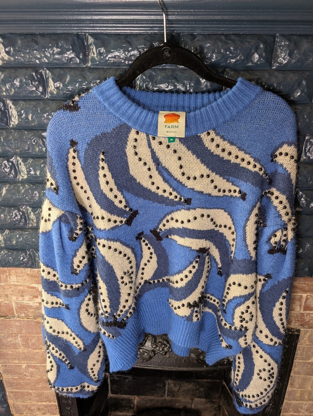 Farm Rio Beaded Blue Bananas Sweater Size M